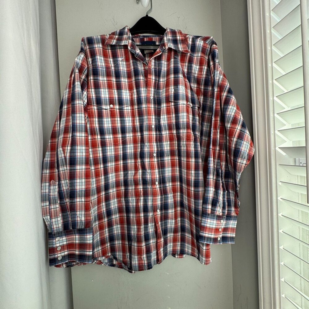 Wrangler Men’s 3X Western Pearl Snap Longsleeve Plaid Shirt Red Wht Blue MWR169M